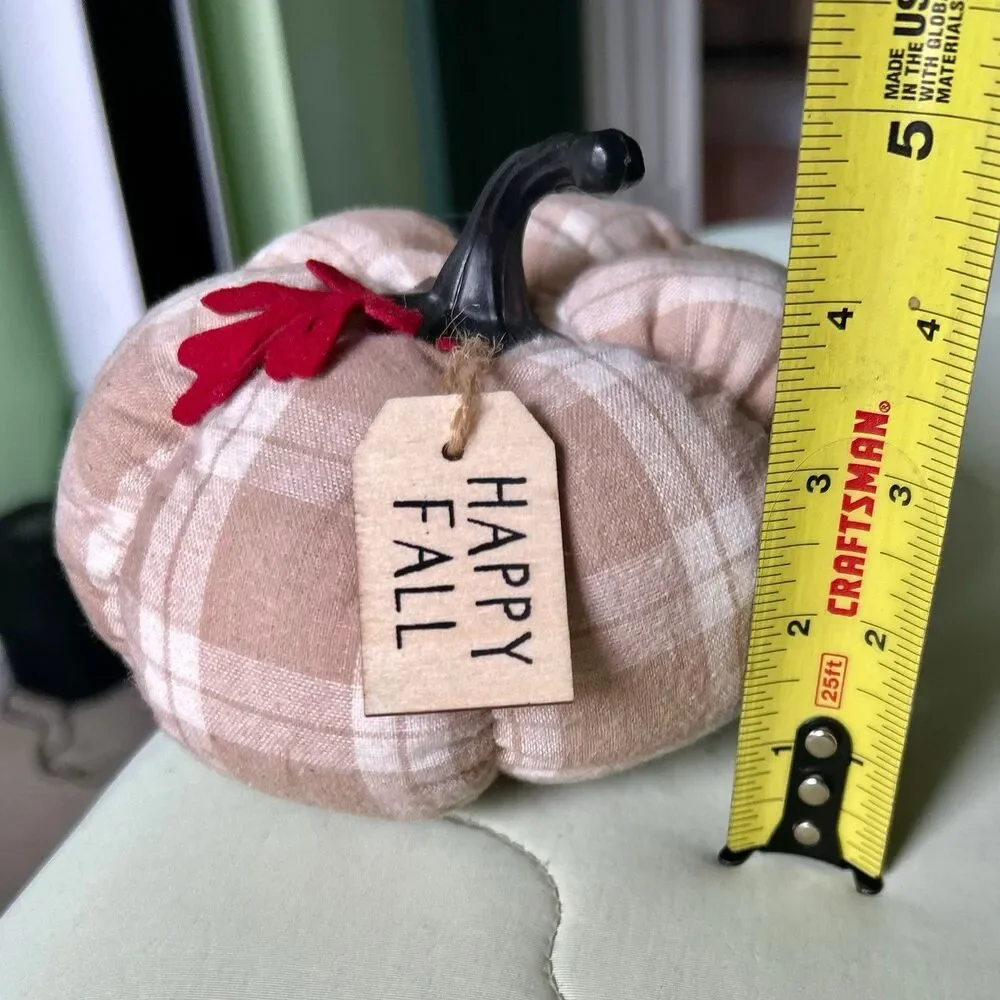 Plush Cream Plaid Red Maple Leaf Accented Pumpkin Fall Home Accent